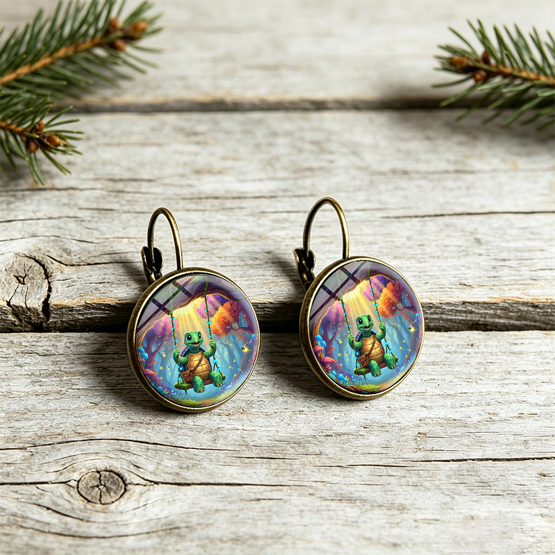 3pc Magical Forest Turtle Vintage Earrings & Crescent Moon Necklace Set